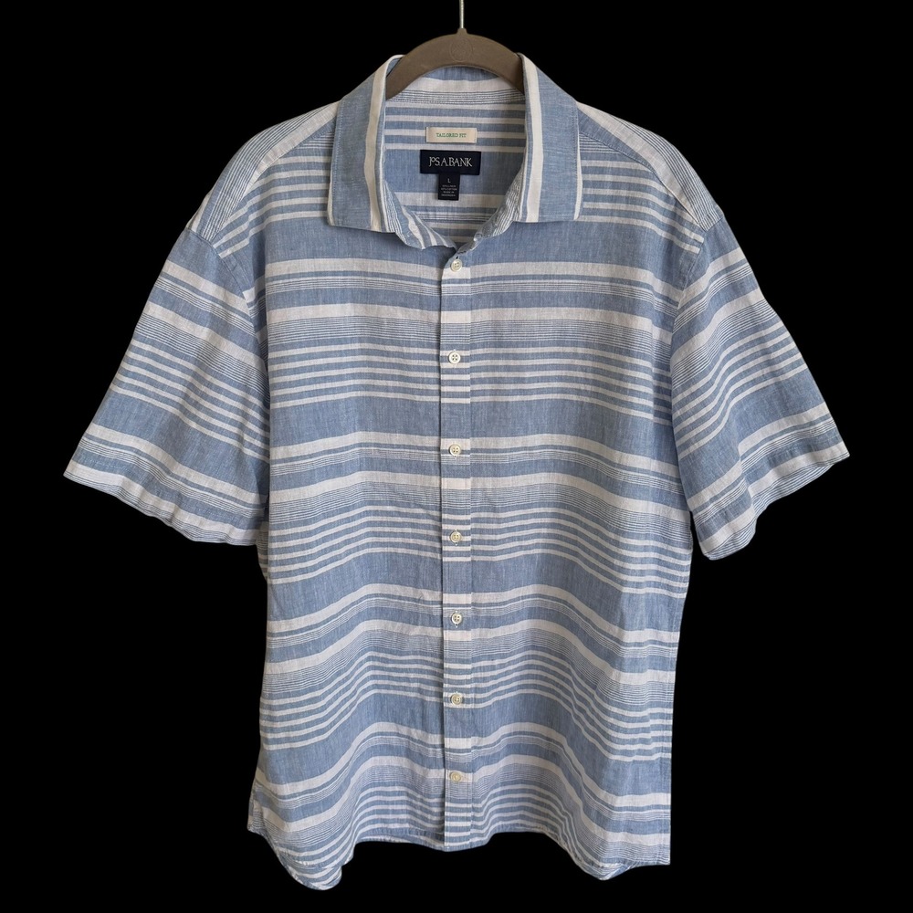 Jos A Bank‎ Mens Large Tailored Fit Linen Cotton Blue White Striped SS Shirt